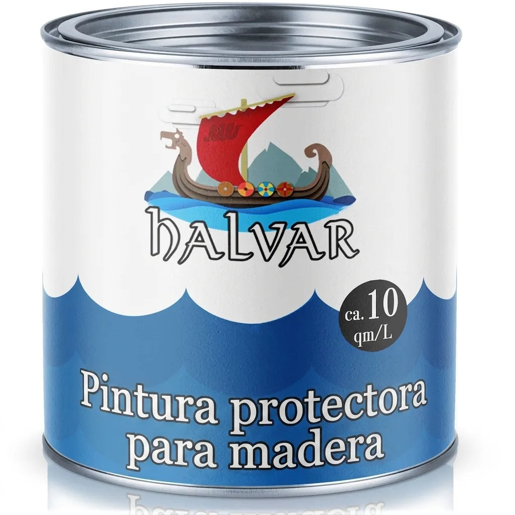 Lata de pintura HALVAR Holzschutzfarbe (pintura protectora de madera) con logo de barco vikingo, rendimiento ca. 10 qm/L.