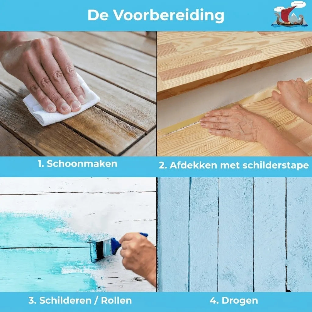 Stappenplan voor het verven van hout: reinigen, afplakken met schilderstape, lichtblauw verven en drogen.