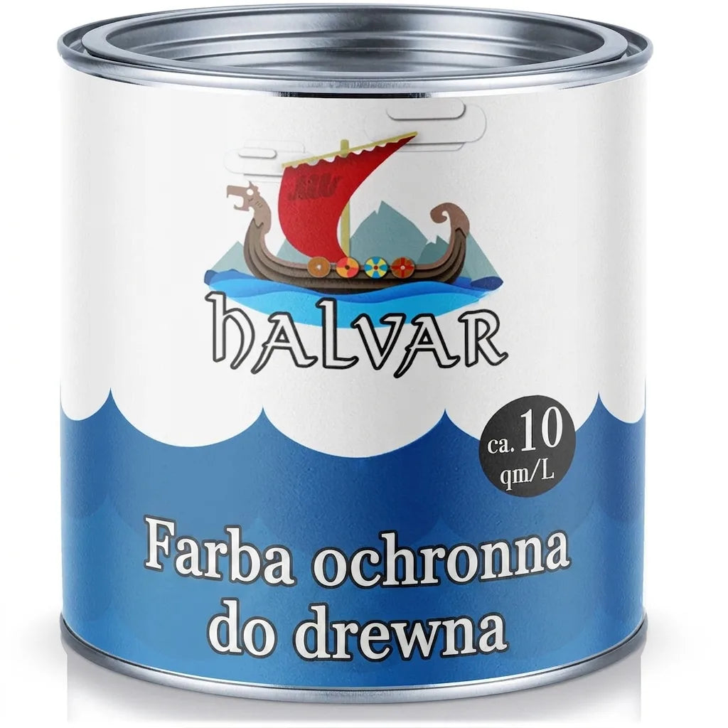 Puszka farby ochronnej do drewna HALVAR z wizerunkiem łodzi wikingów, wydajność 10 m²/L.