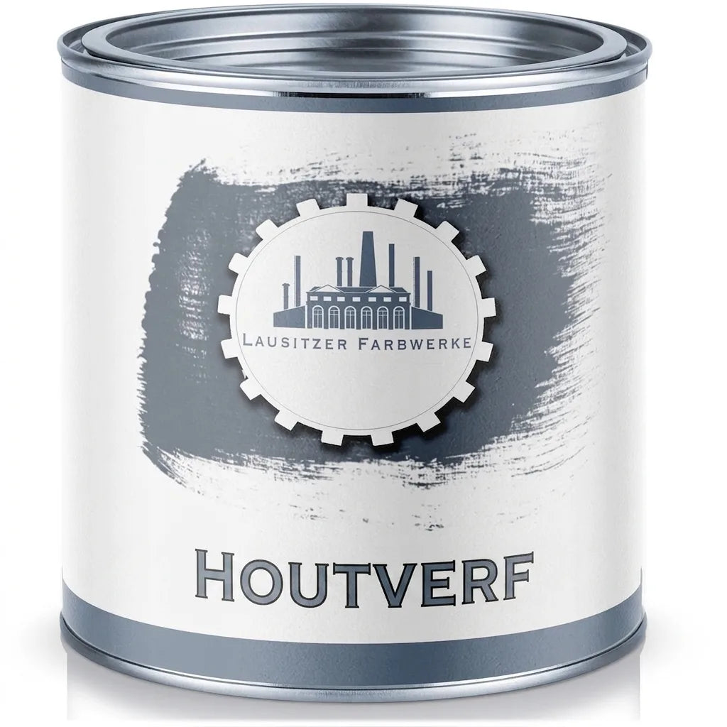 Metalen blik Lausitzer Farbwerke houtbeschermingsverf (grijs), met fabrieksembleem op etiket.