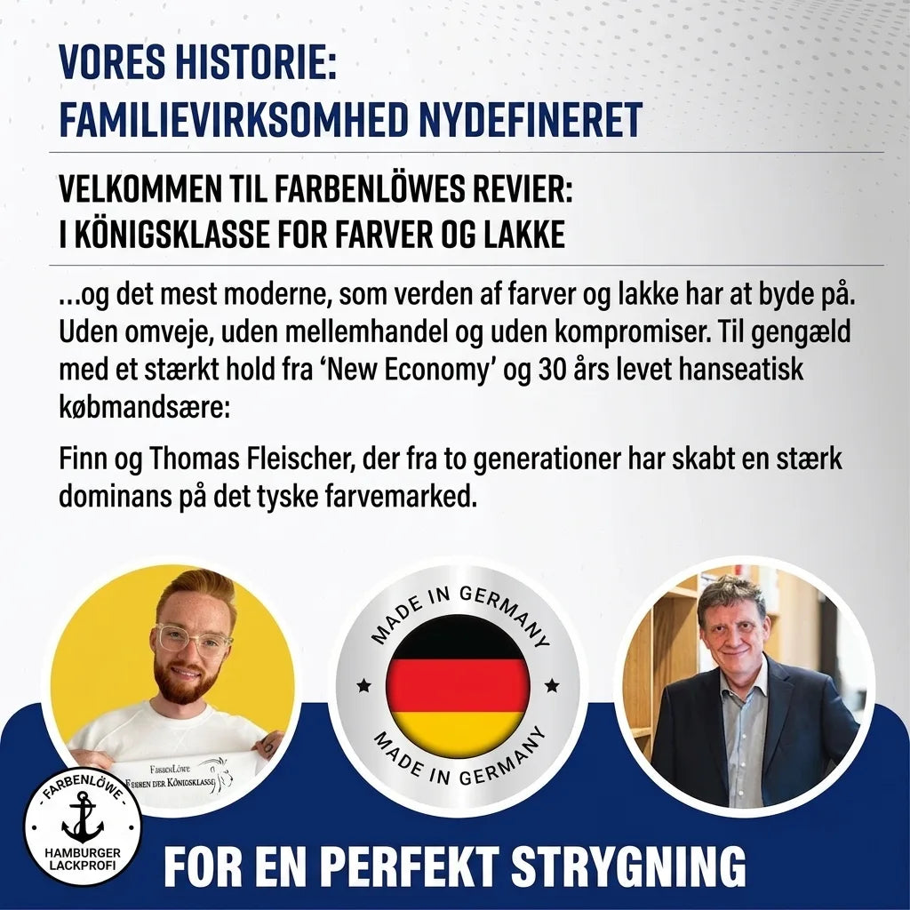 Farbenlöwe: Tysk familieejet malingsvirksomhed. Finn og Thomas Fleischer, kvalitet, direkte salg, "Made in Germany".