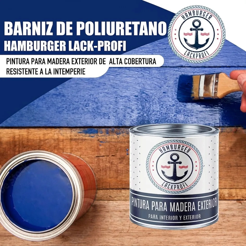 Pintura protectora azul para madera 'Hamburger Lack-Profi' de alta cobertura y resistente al clima. Latas.
