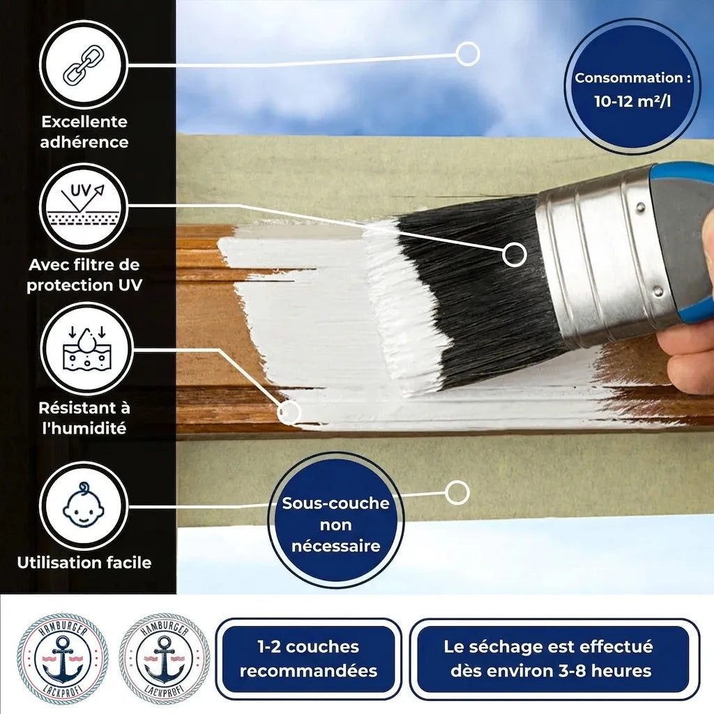 Peinture blanche pour bois avec protection UV, résistante à l'humidité, facile à appliquer. Séchage rapide, pas de primaire.