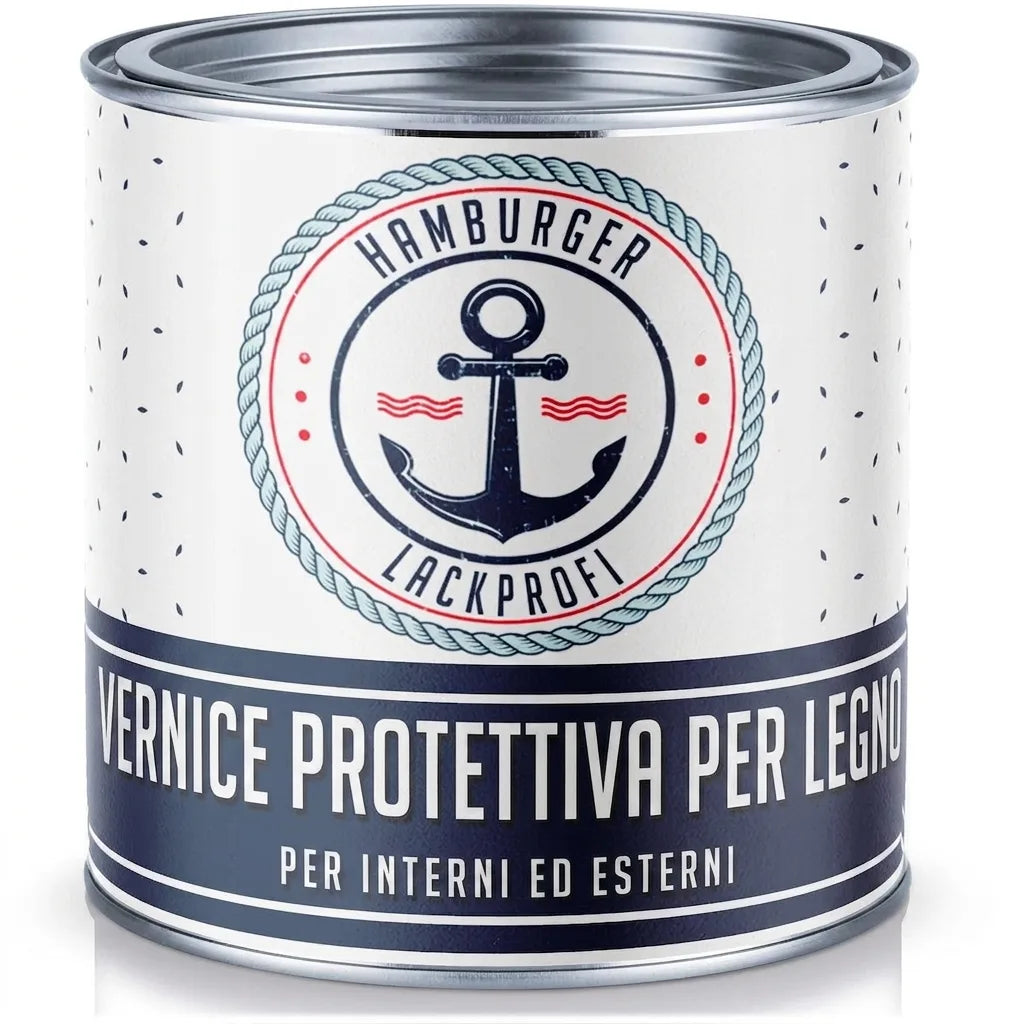 Lattina di vernice protettiva per legno 'Hamburger Lackprofi' per interni ed esterni, con logo nautico.