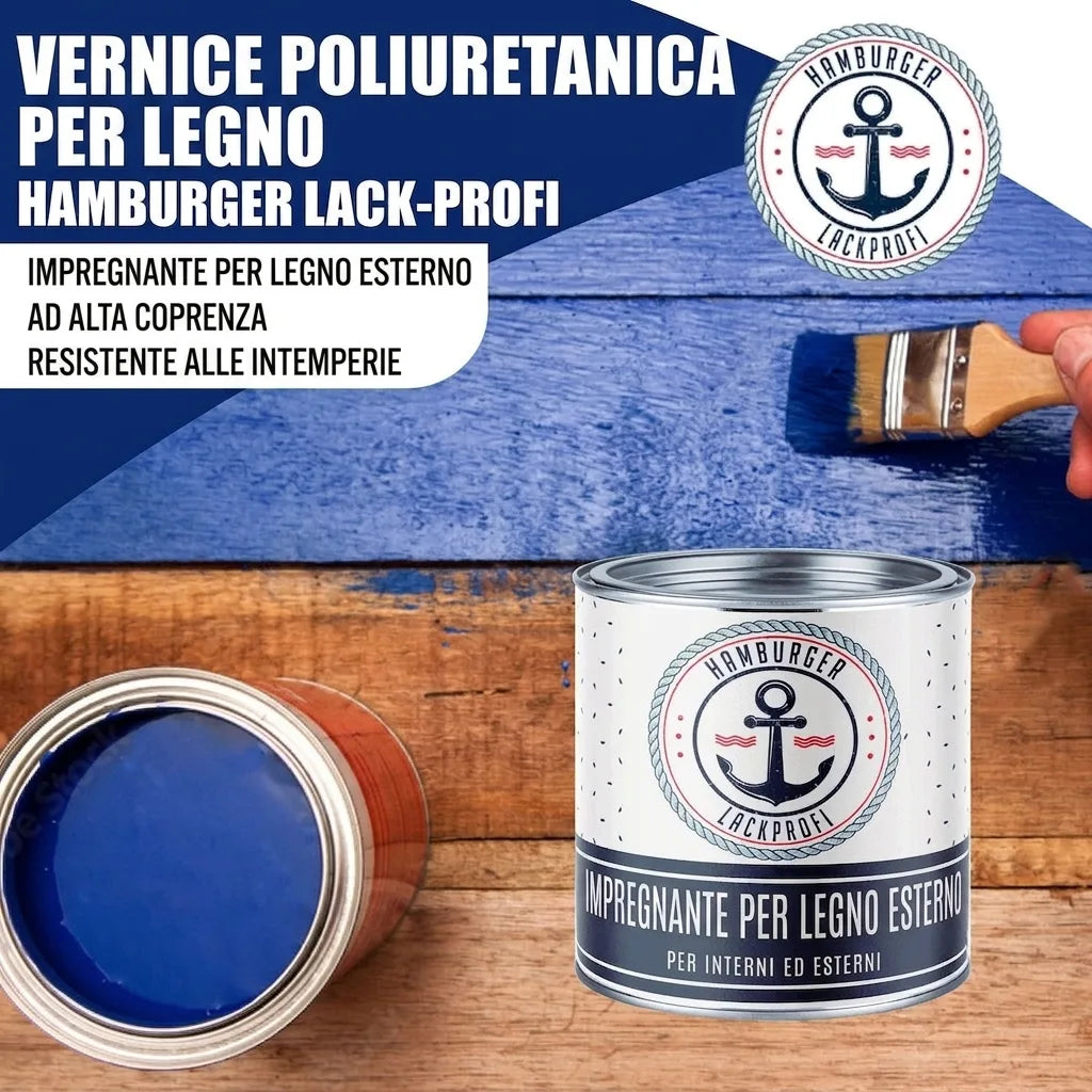 Vernice protettiva blu PU per legno Hamburger Lack-Profi, applicata su tavole di legno.