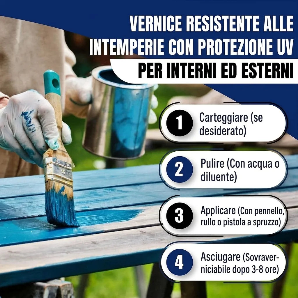 Verniciatura di un tavolo in legno con vernice blu resistente alle intemperie e protezione UV per interni ed esterni.