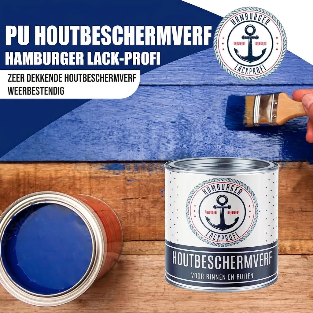 Blauwe Hamburger Lack-Profi PU houtbeschermingsverf, hoogdekkend en weerbestendig, voor binnen en buiten, aangebracht met kwast.