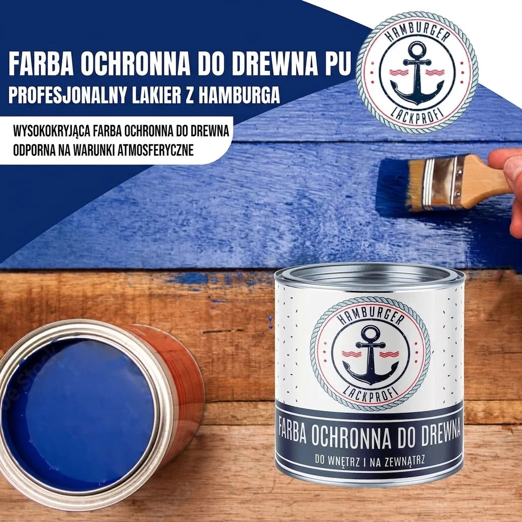 Niebieska farba ochronna do drewna PU Hamburger Lack-Profi. Malowanie pędzlem, kryjąca, odporna na warunki.