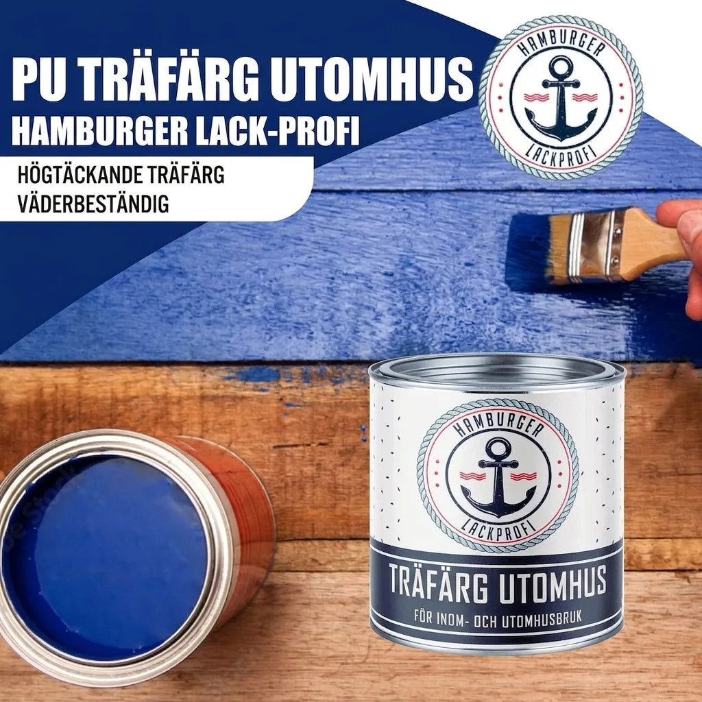 Blå PU träskyddsfärg från Hamburger Lack-Profi. Högtäckande & väderbeständig för inom- och utomhusbruk.