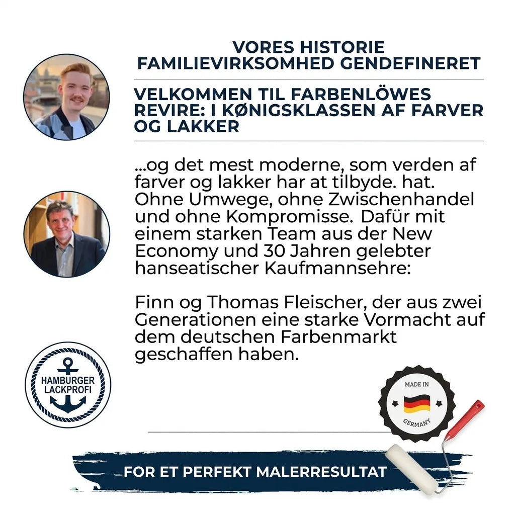 Farbenlöwe familievirksomheds historie, med Finn og Thomas Fleischer, topkvalitets maling & lak fra Tyskland.