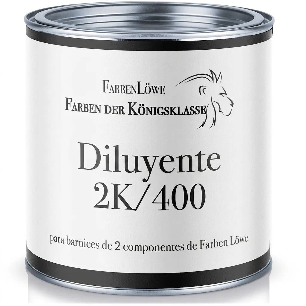 Bote de diluyente FarbenLöwe 2K/400 para pinturas de dos componentes, con etiqueta blanco y negro.