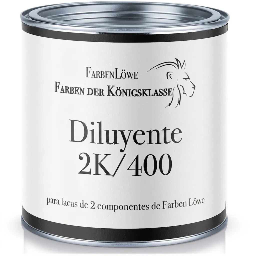 Bote de diluyente FarbenLöwe 2K/400 para pinturas de dos componentes, con etiqueta blanco y negro.