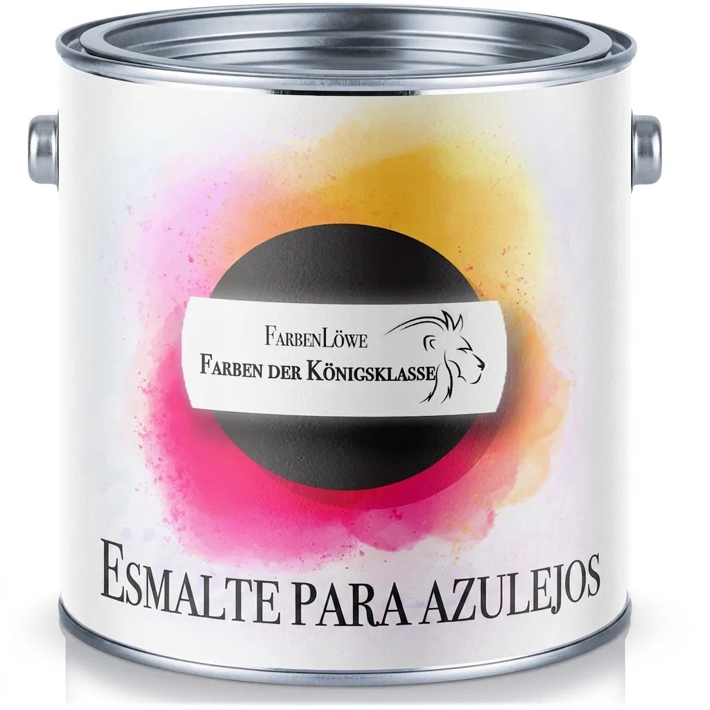 Lata de pintura FarbenLöwe 'Fliesenlack' para azulejos, con etiqueta de salpicaduras de color.