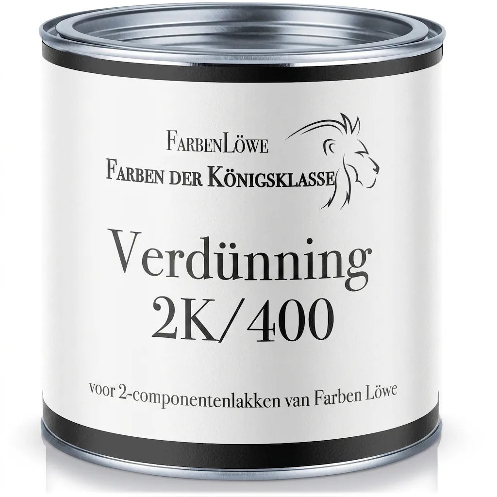 FarbenLöwe verdunning 2K/400 voor 2-componentenlakken, witte bus met zwarte en zilveren details.