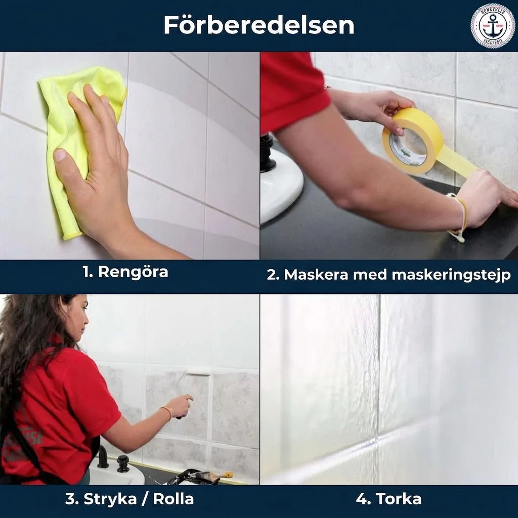 Steg-för-steg-instruktioner för förberedelse och målning av kakel, inklusive rengöring, maskering, målning och torkning.