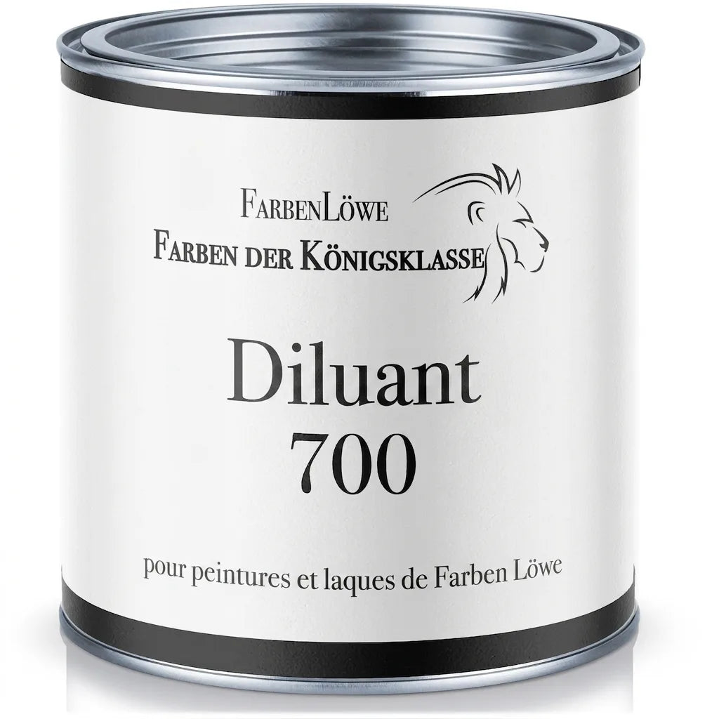 Diluant FarbenLöwe 700 pour peintures et vernis de la classe royale, en boîte métallique blanche.