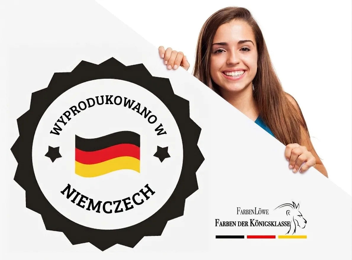 Uśmiechnięta kobieta prezentuje etykietę 'Made in Germany' i logo FarbenLöwe: 'Farby Klasy Królewskiej'.