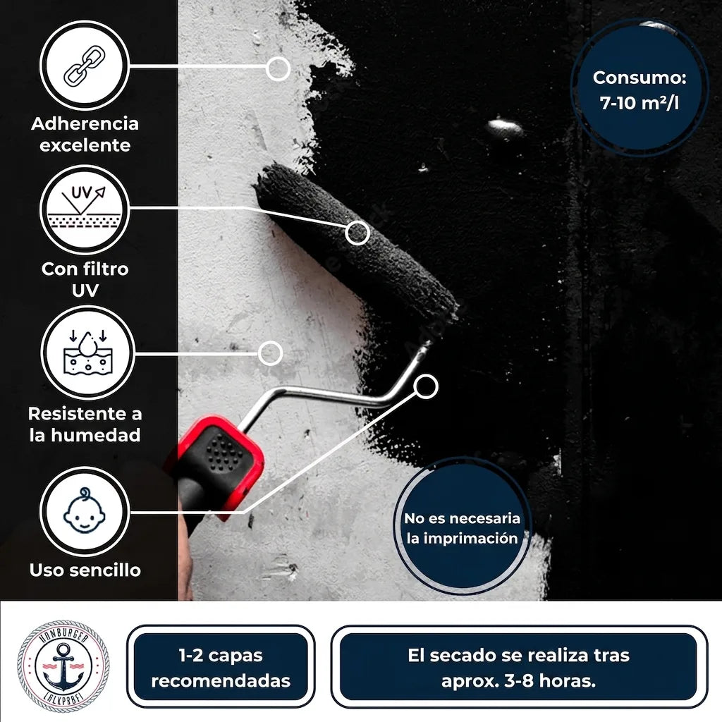 Rodillo aplicando pintura negra. Infografía de sus características: alta adherencia, protección UV, resistencia humedad, fácil uso, sin impr