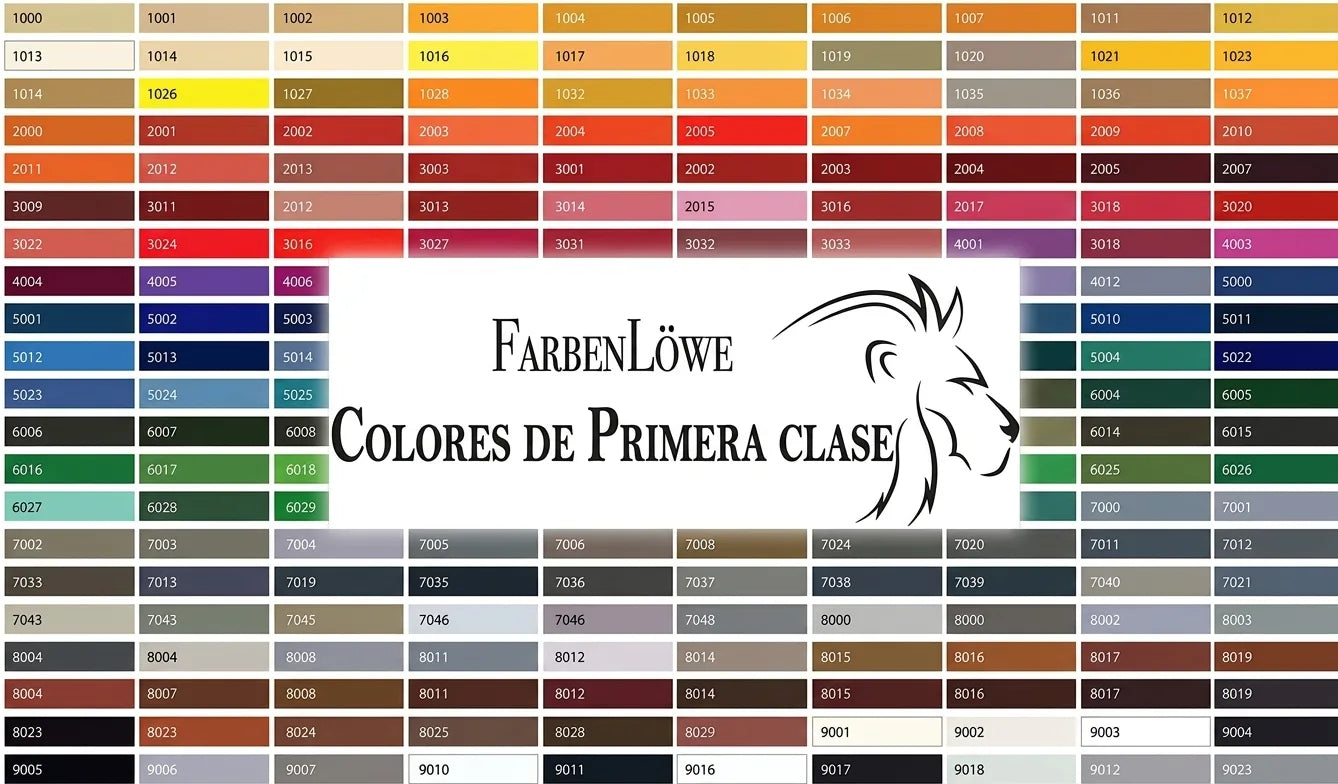 Carta de colores RAL de FarbenLöwe con tonos amarillos, naranjas, rojos, morados, azules, verdes y grises.