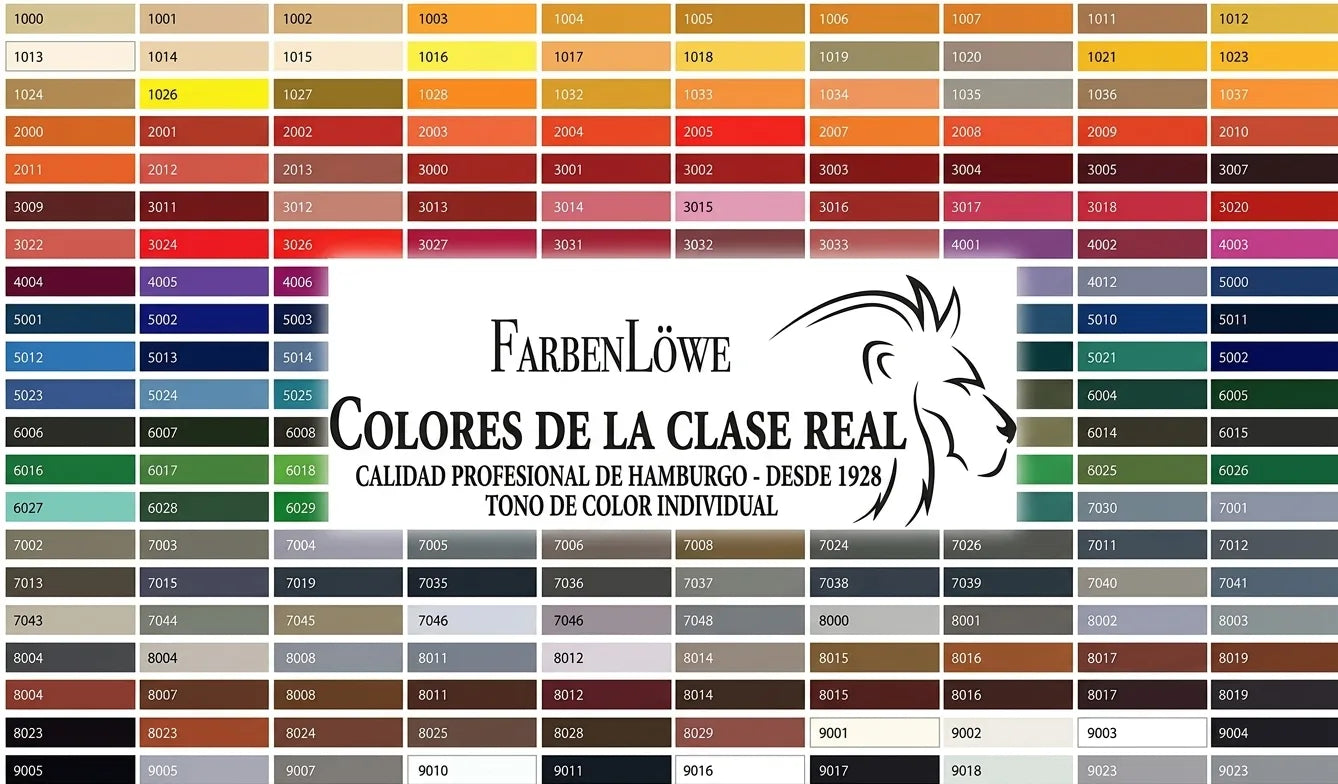 Carta de colores RAL con códigos numéricos, logo FarbenLöwe y el eslogan 'Farben der Königsklasse'.