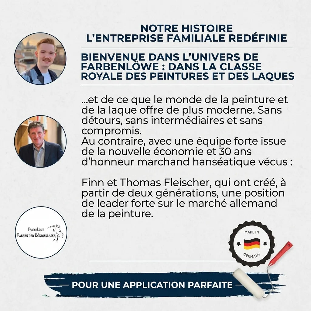 Publicité allemande pour Farbenlöwe, présentant son histoire d'entreprise familiale et ses peintures de qualité.