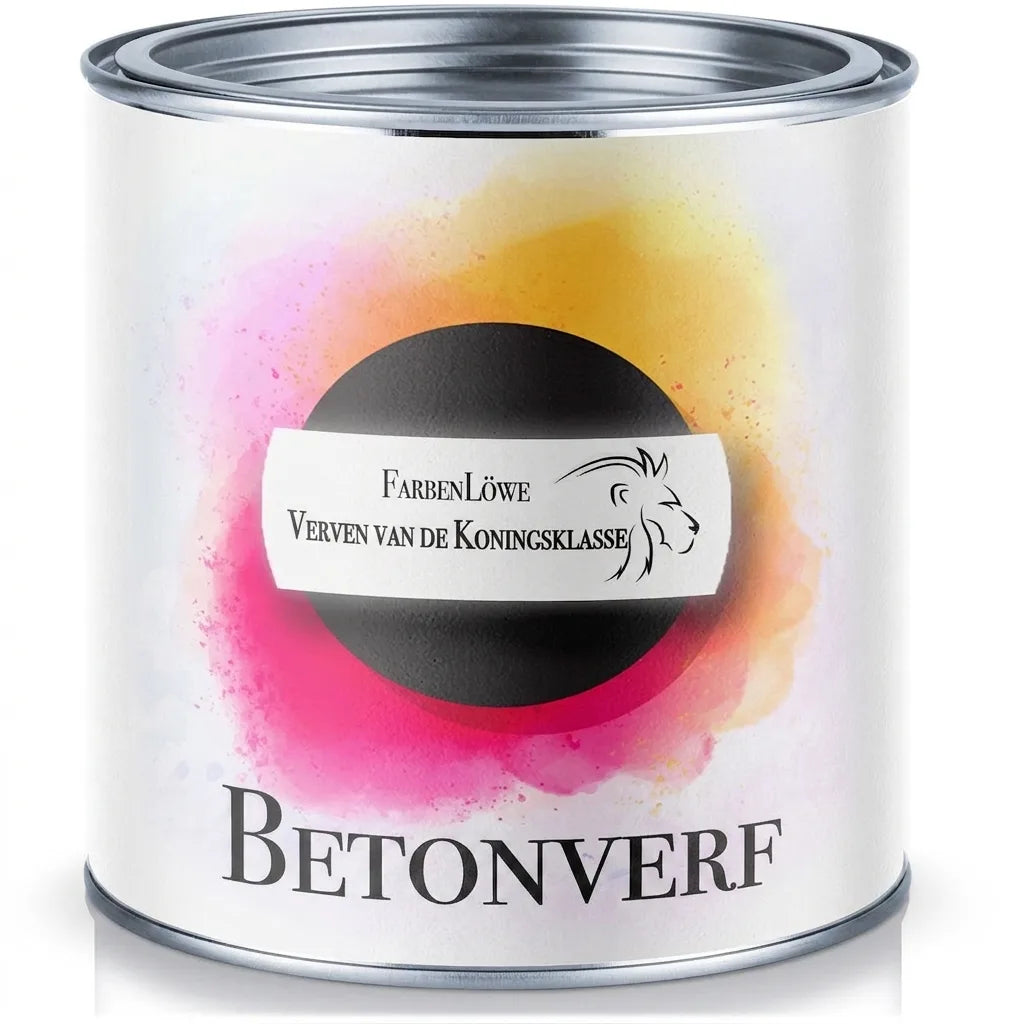 FarbenLöwe betonverfblik op witte achtergrond met roze en gele verfspatten.