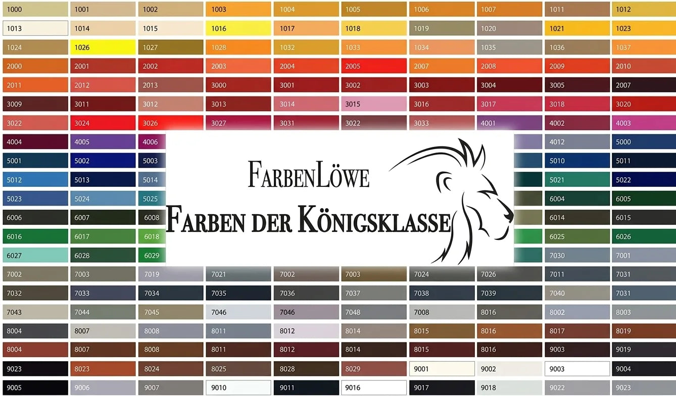 Farbenlöwe kleurenkaart met RAL-codes en slogan 'Farben der Königsklasse', inclusief leeuwlogo.
