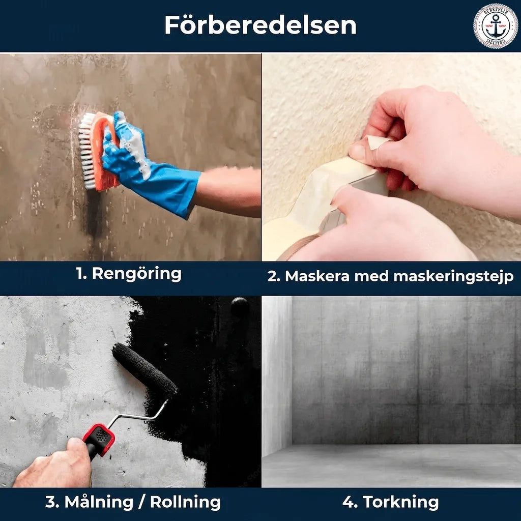 Steg för steg-guide för förberedelse av yta: rengöring, maskering med tejp, målning och torkning.