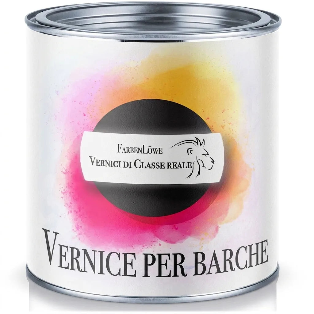 Barattolo di vernice FarbenLöwe BOOTSLACK per imbarcazioni, con logo leone e vivaci schizzi di colore.