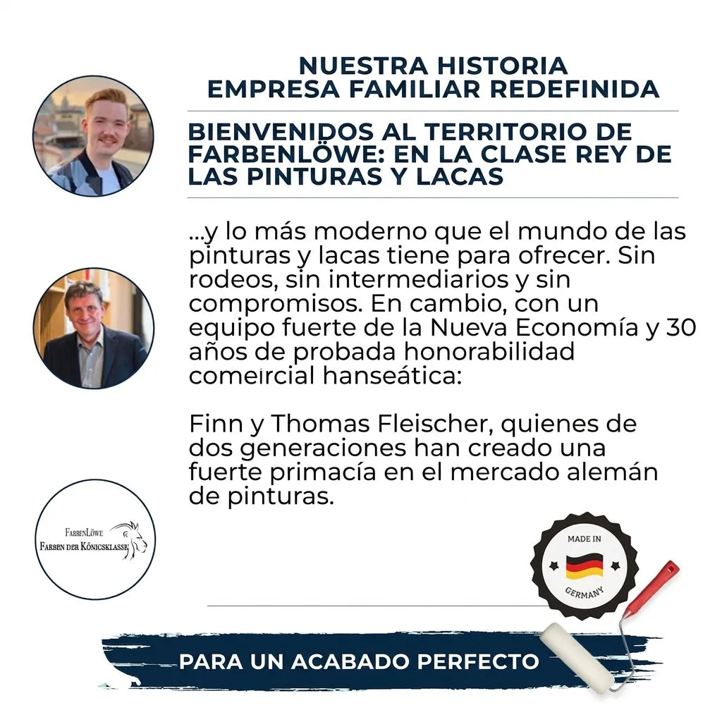 Historia de FarbenLöwe, empresa familiar de pinturas de alta calidad. Presenta a Finn y Thomas Fleischer de dos generaciones.