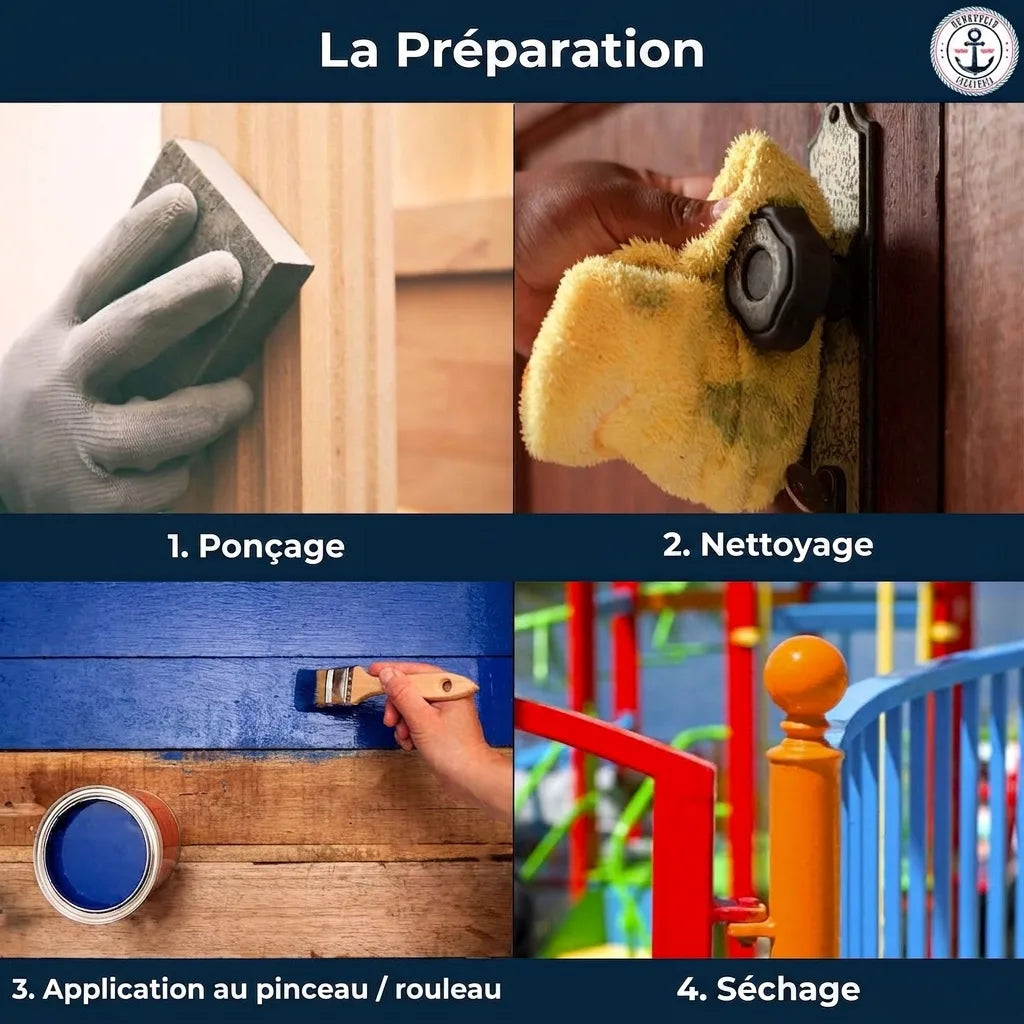 Étapes pour peindre : poncer, nettoyer, appliquer la peinture bleue sur bois, puis laisser sécher.