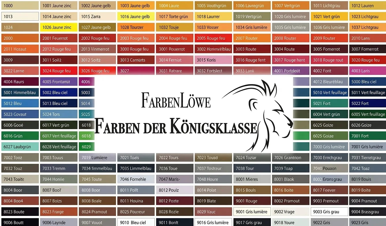 Nuancier de couleurs avec codes, échantillons et texte marketing allemand 'Farbenlöwe, Farben der Königsklasse'.