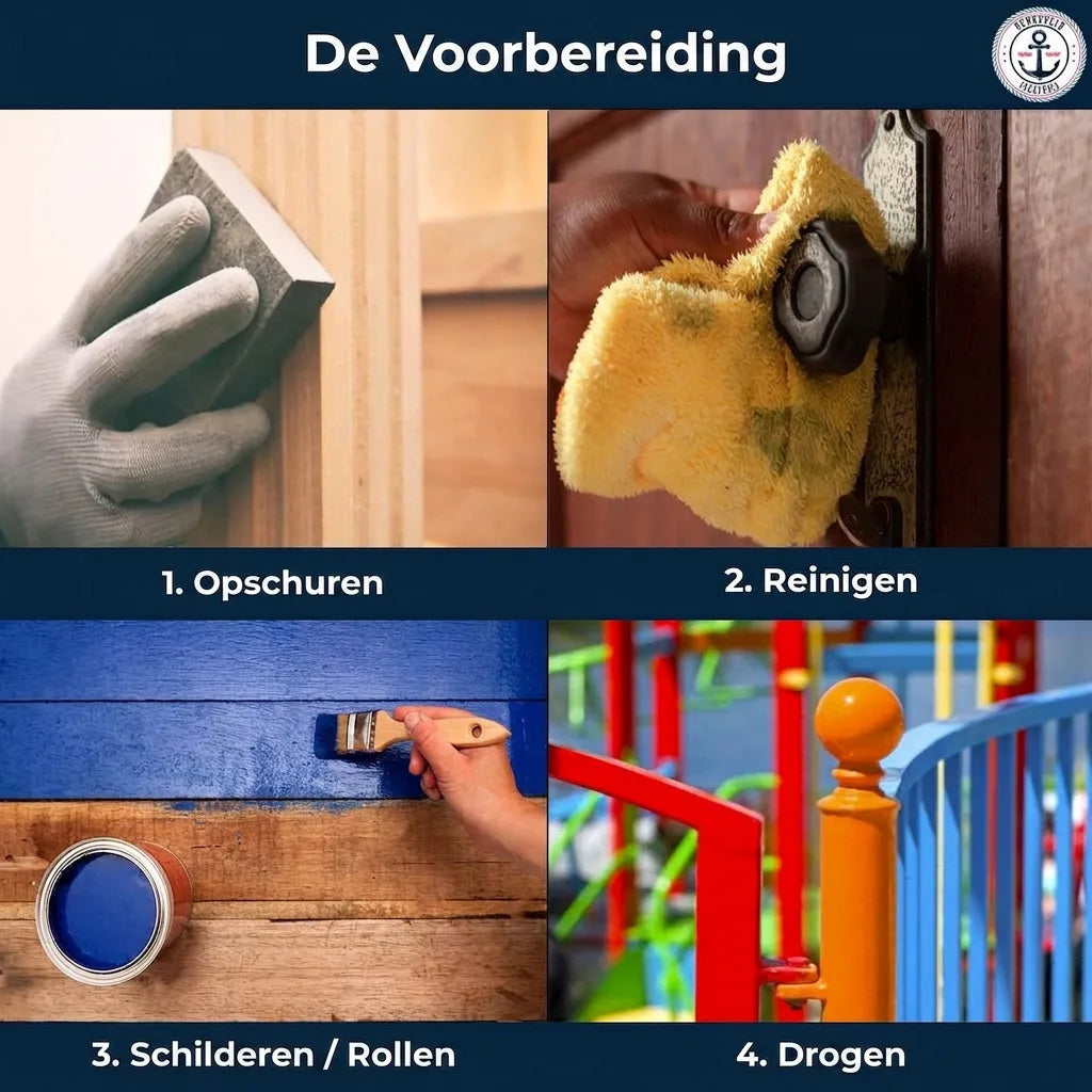 Stappenplan voorbereiding en schilderen: schuren, reinigen, verven en drogen van oppervlakken.
