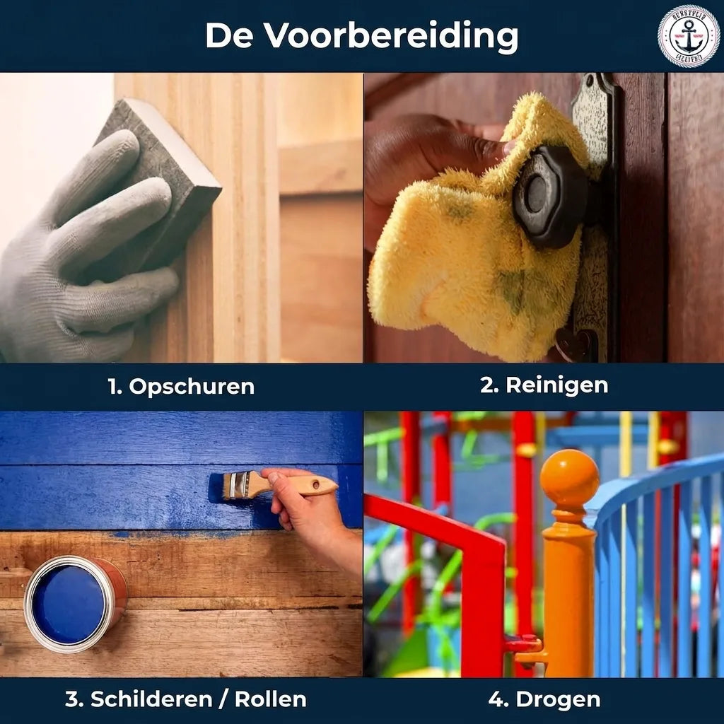 Stappenplan voorbereiding en schilderen: schuren, reinigen, verven en drogen van oppervlakken.
