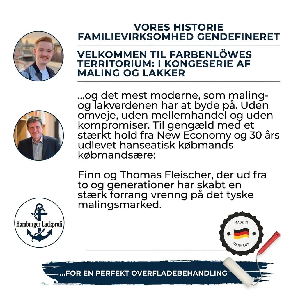 Farbenlöwe familieforetagende med Finn og Thomas Fleischer. Topkvalitet maling og lak, Made in Germany.