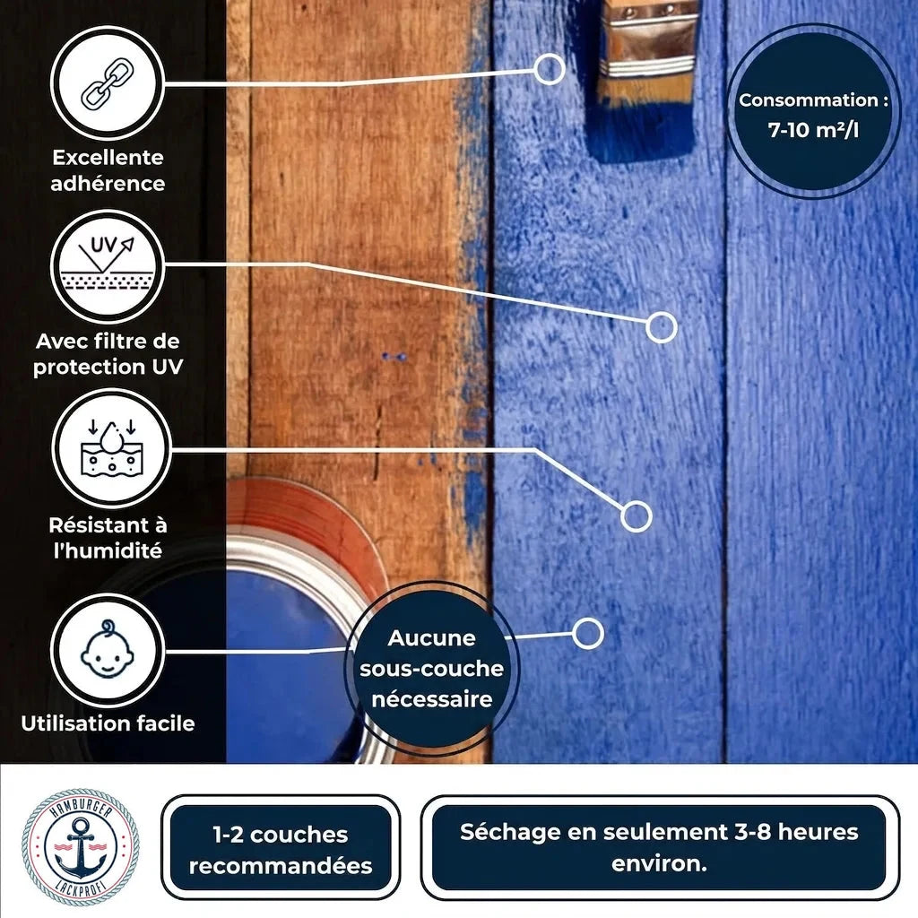 Peinture bleue pour bois avec infos produit: forte adhérence, protection UV, résiste à l'humidité, sans sous-couche, séchage 3-8h.