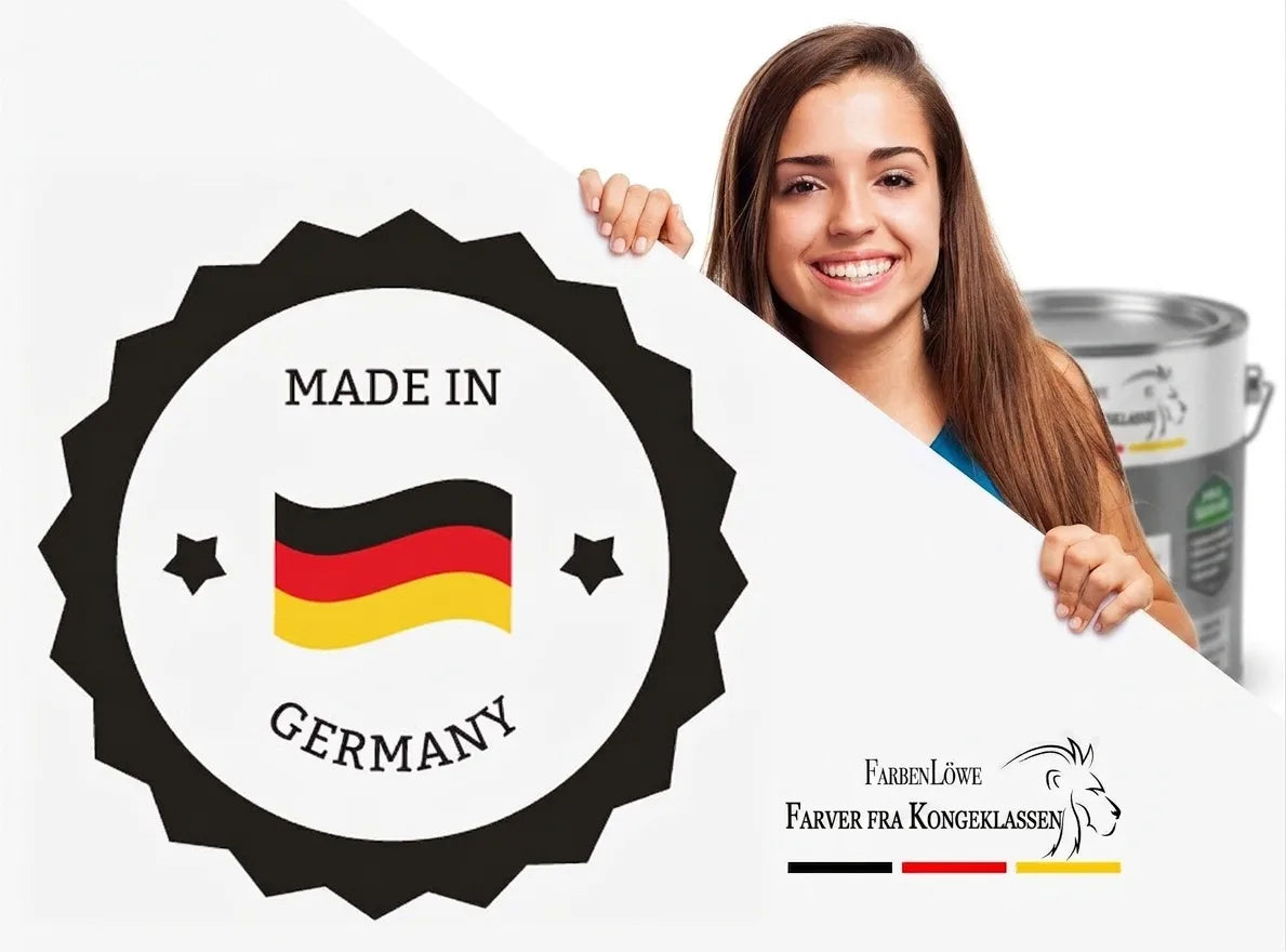 Kvinde med ‘Made in Germany’ mærke og FarbenLöwe-logo, premium tyske farver.