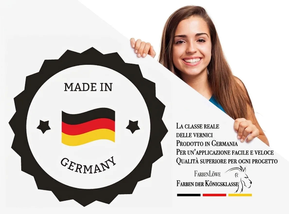 Donna sorridente con cartello 'Made in Germany' e logo FarbenLöwe 'Farben der KönigsKlasse'.