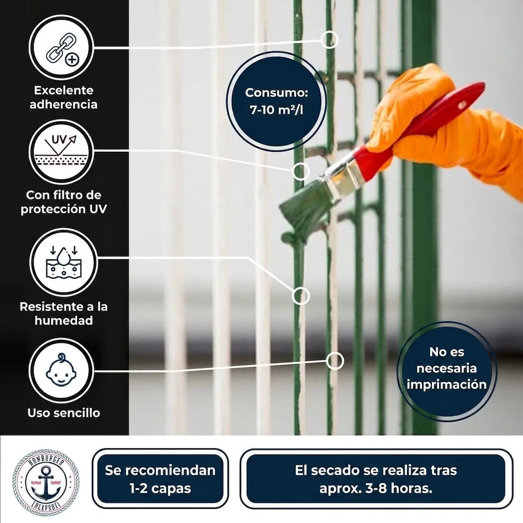 Pintura para vallas verde: características como adherencia, protección UV, resistente humedad. Fácil aplicación, secado rápido.