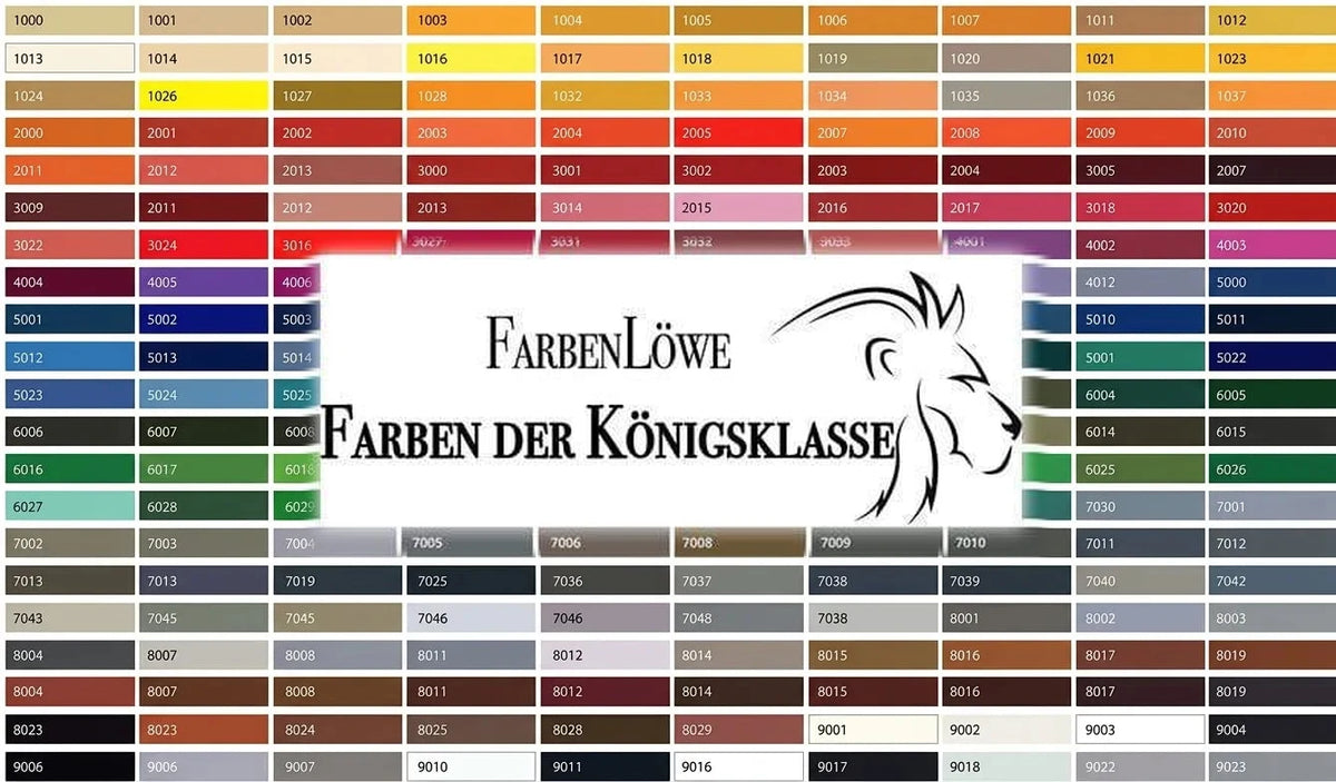 Nuancier de couleurs RAL FarbenLöwe avec codes numériques et logo. Slogan allemand : Couleurs de la classe royale.