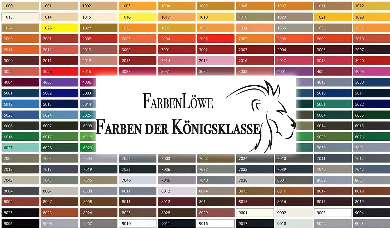 Nuancier de couleurs RAL FarbenLöwe avec codes numériques et logo. Slogan allemand : Couleurs de la classe royale.