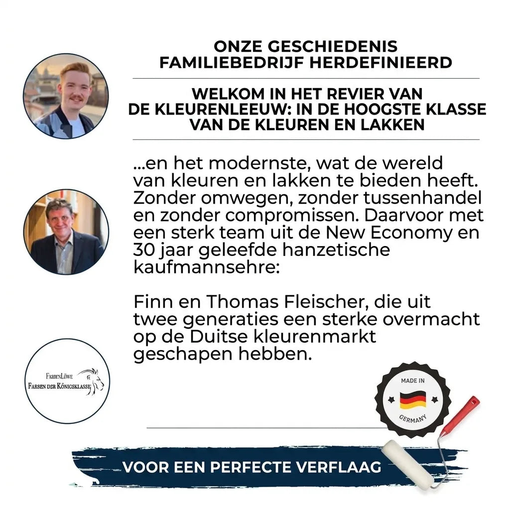 FarbenLöwe familiebedrijf: hoogwaardige Duitse verf en lakken. Met portretten van Finn en Thomas Fleischer.