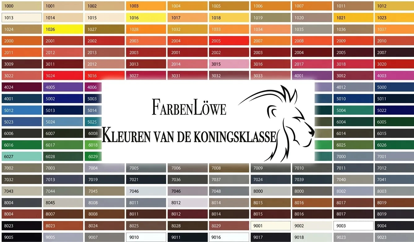 Kleurenkaart met RAL-codes, merk FarbenLöwe, en slogan 'Kleuren van de Koningsklasse', met leeuwenlogo.