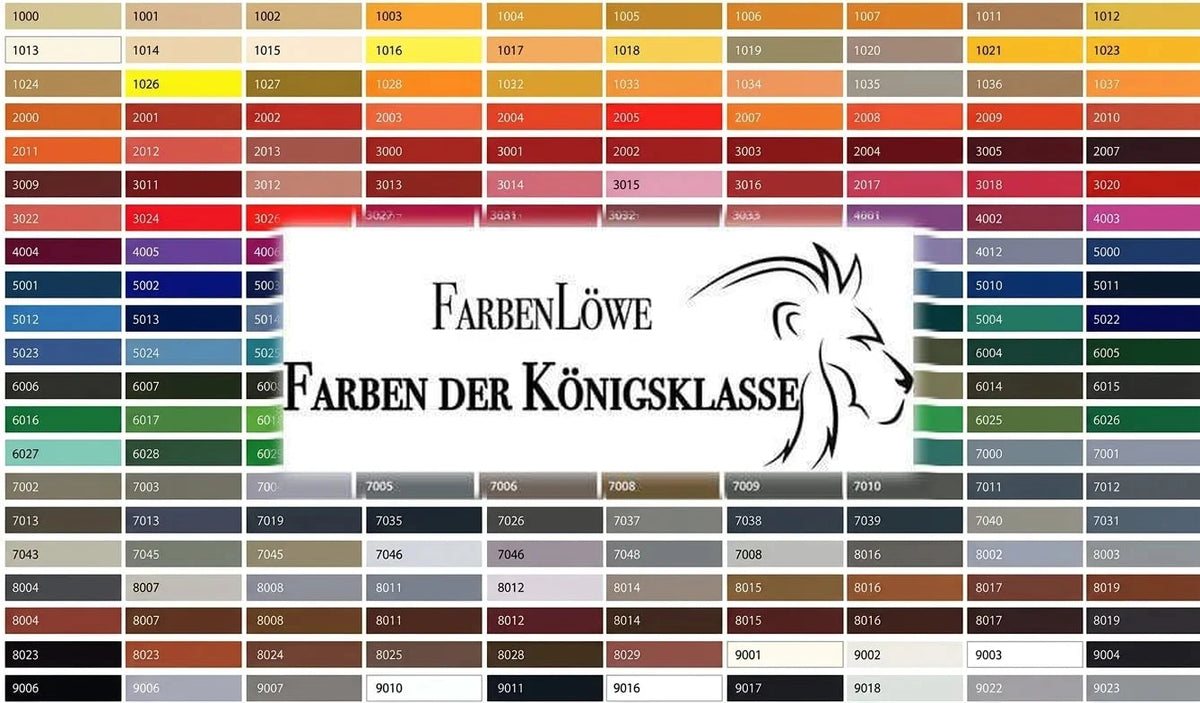 Kleurenkaart met RAL-codes, merk FarbenLöwe, en slogan 'Kleuren van de Koningsklasse', met leeuwenlogo.