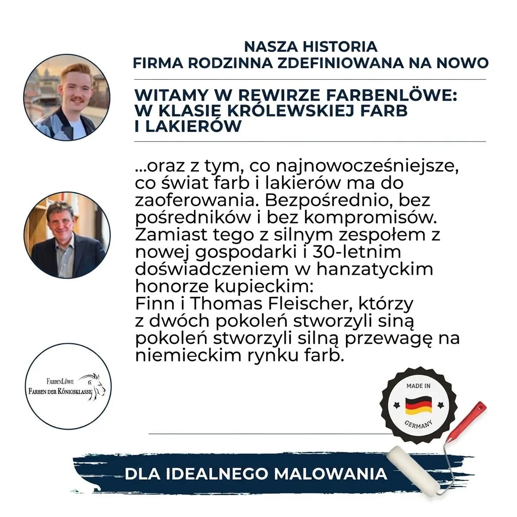 Historia firmy rodzinnej FarbenLöwe, z portretami założycieli, niemieckie farby i lakiery najwyższej klasy.