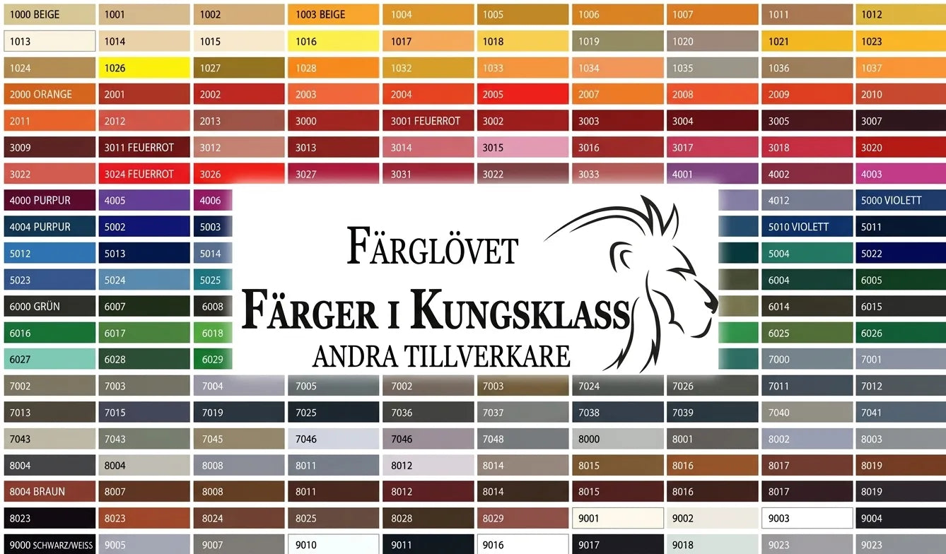 FarbenLöwe färgkarta med färgprover och nummer. Tysk text 'Farben der Königsklasse' och lejonlogotyp.
