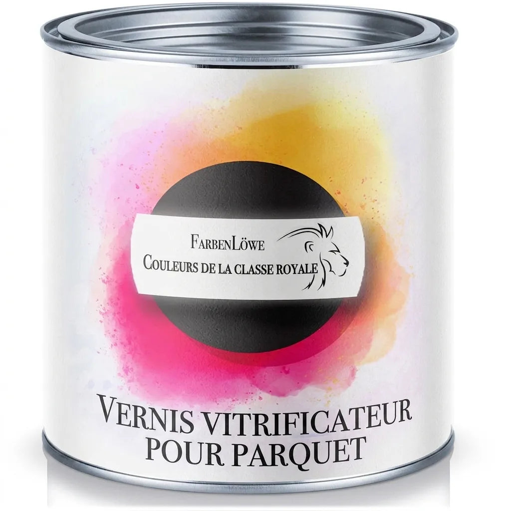 Pot de vernis à parquet FarbenLöwe. Laque pour sols en bois, couleurs de classe royale.
