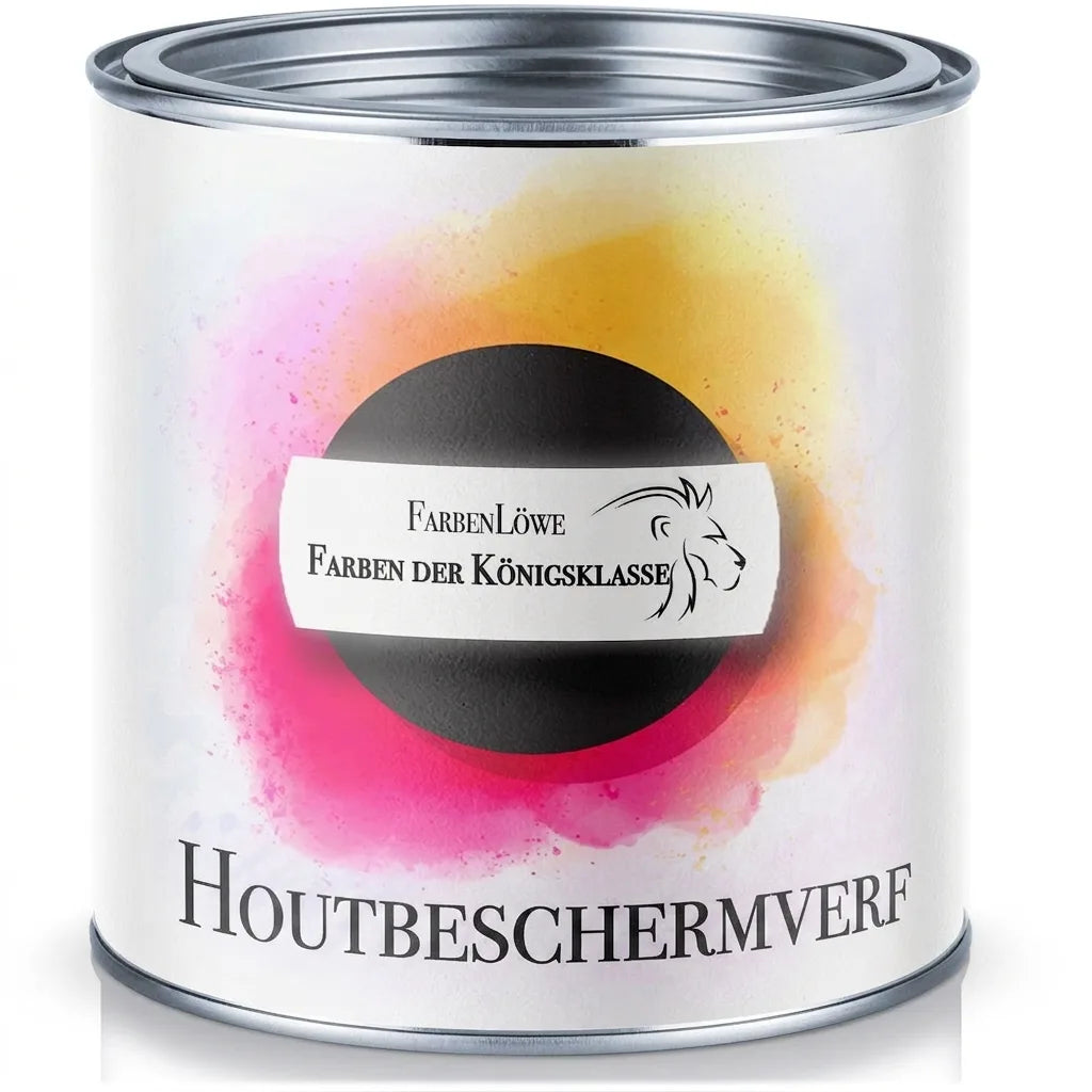 FarbenLöwe houtbeschermingsverfblik met roze en gele kleurexplosie. 'Kleuren van de Koninklijke Klasse'.