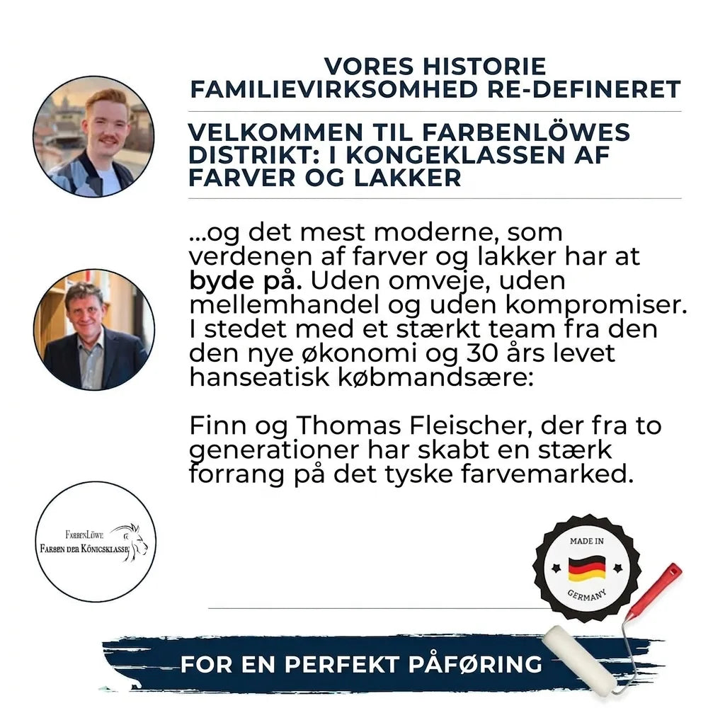 To mænd, logo og tekst om Farbenlöwe, en tysk familievirksomhed med maling og lak. Inkl. 'Made in Germany'.