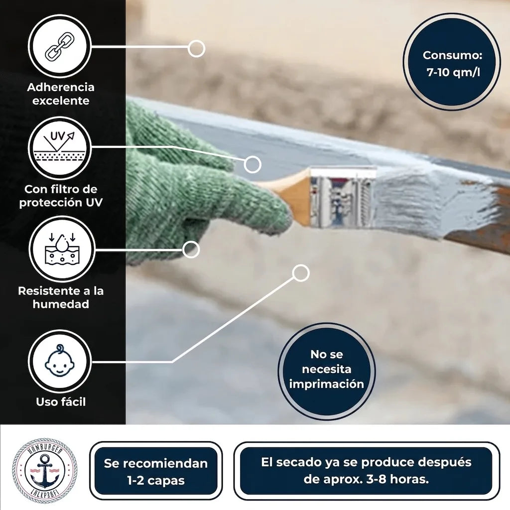 Pintura gris aplicada sobre metal. Características: alta adhesión, protección UV, humedad, fácil uso. Sin imprimación. Secado 3-8h.